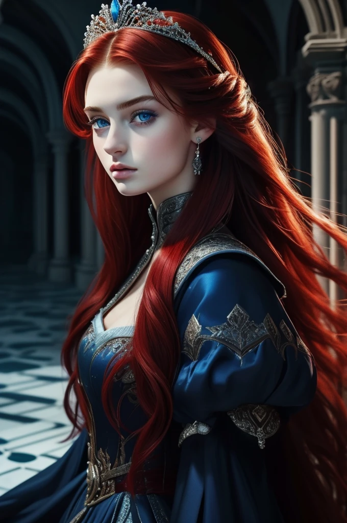 16 year old Sophie Turner, ultra detailed face, ultra detailed blue eyes, long red hair, (dress, long skirt), tiara, winter, (((masterpiece)))