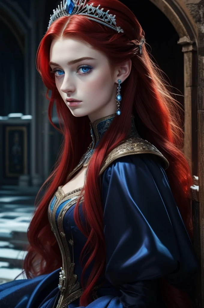 16 year old Sophie Turner, ultra detailed face, ultra detailed blue eyes, long red hair, (dress, long skirt), tiara, winter, (((masterpiece)))