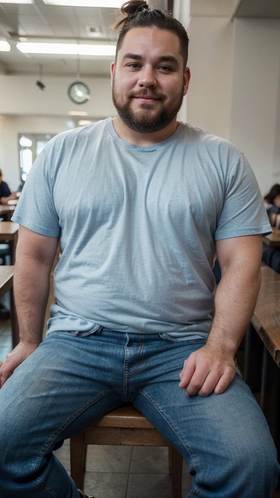 The best quality, Masterpiece, ultra-high-resolution, portrait, (photorealistic:1.4), RAW photo, Handsome manly overweight man, sitting in the cafe, smirk, top knot, with smooth crew neck shirt blue color basic, jeans jeans, Boots, barba, detailed facial textures