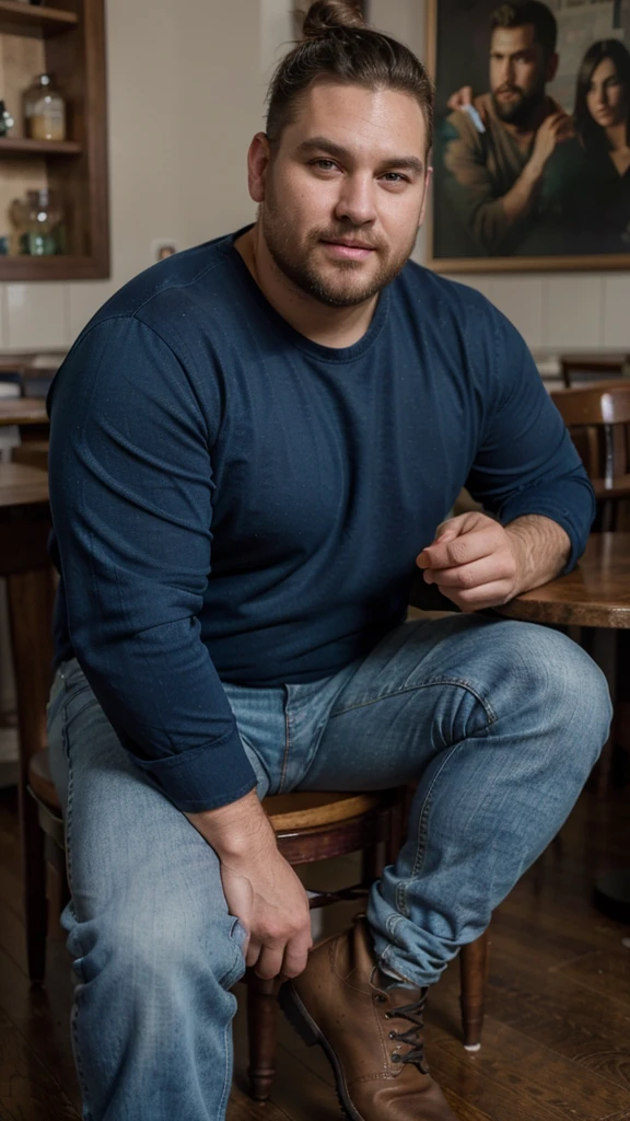 The best quality, Masterpiece, ultra-high-resolution, portrait, (photorealistic:1.4), RAW photo, Handsome manly overweight man, sitting in the cafe, smirk, top knot, with smooth crew neck shirt blue color basic, jeans jeans, Boots, barba, detailed facial textures