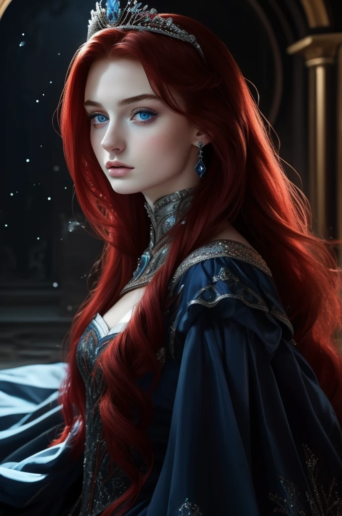 16 year old Sophie Turner, ultra detailed face, ultra detailed blue eyes, long red hair, (dress, long skirt), tiara, winter, (((masterpiece)))