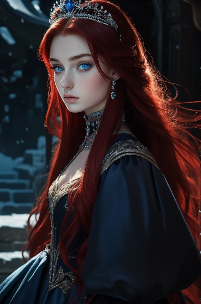 16 year old Sophie Turner, ultra detailed face, ultra detailed blue eyes, long red hair, (dress, long skirt), tiara, winter, (((masterpiece)))