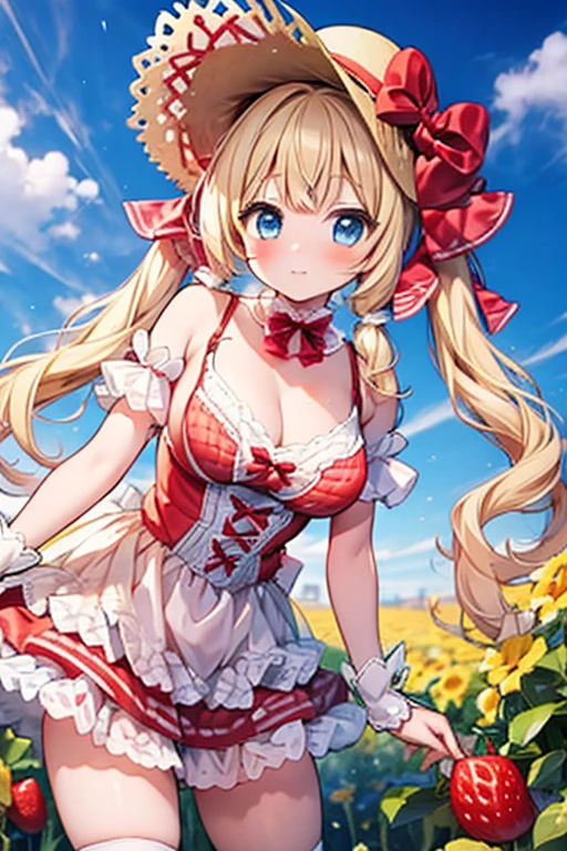 Highest quality,Blonde with blue eyes、Lolita、Large Breasts、Twin tails、Girl Brat,Straw hat,Strawberry picking,