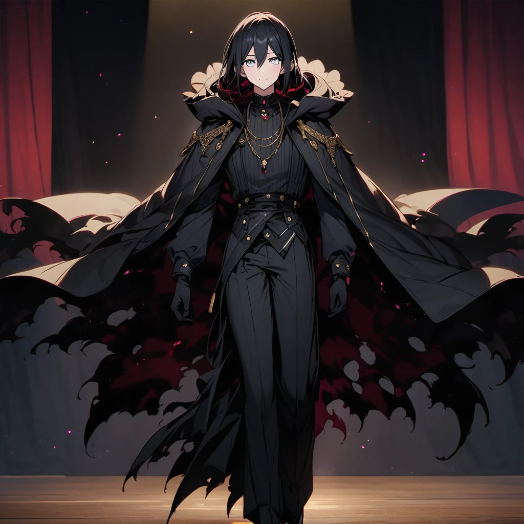 (Well done:1) long, straight black hair, white eyes, necklace, black cape that covers a large part of the body with a hood, black pants, black shoes. on the stage of a theater