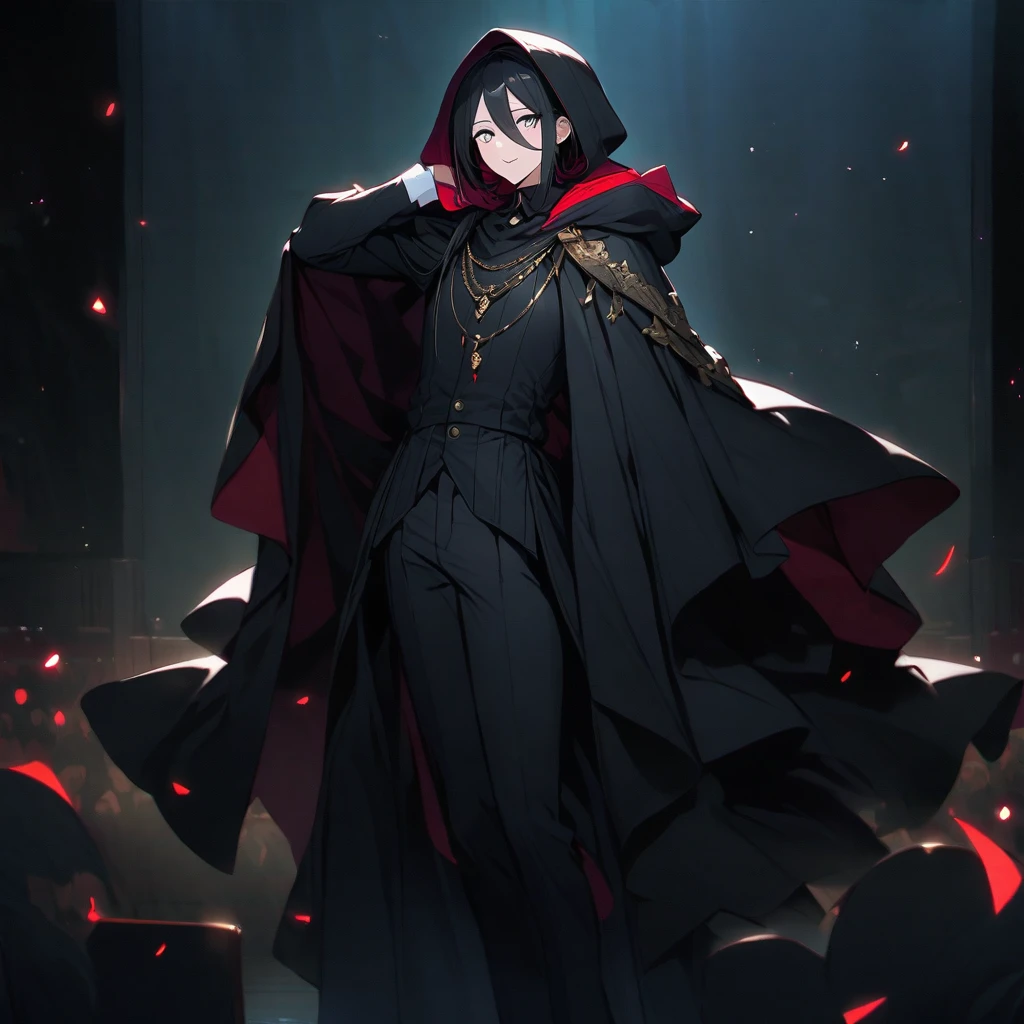 (Well done:1) long, straight black hair, white eyes, necklace, black cape that covers a large part of the body with a hood, black pants, black shoes. on the stage of a theater