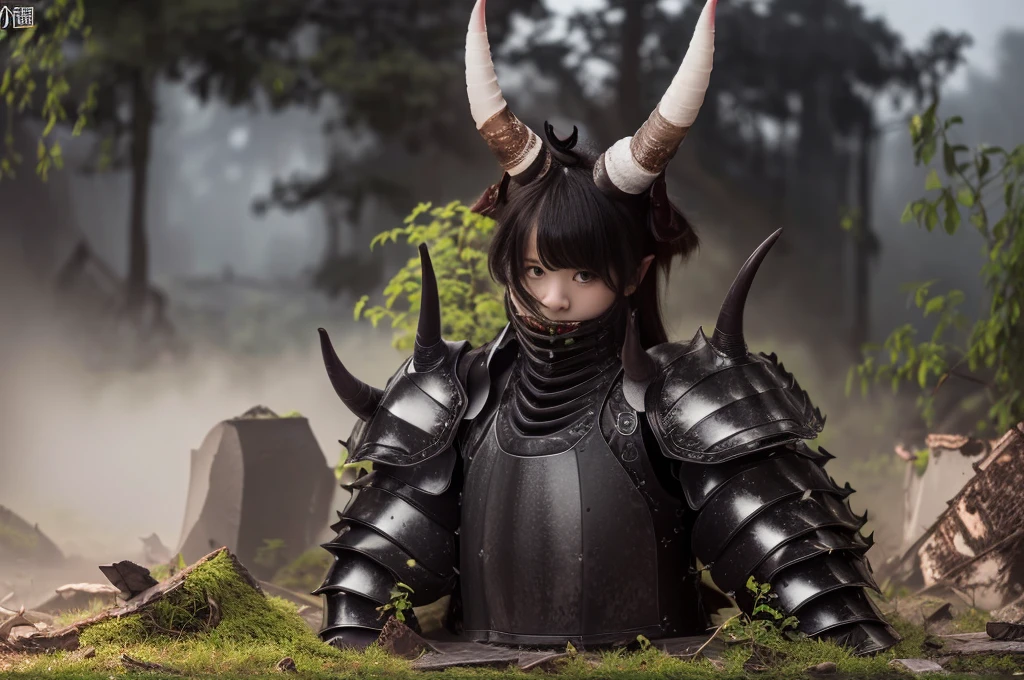 Highest quality、Masterpiece、(((Thick fog of darkness、Black forest、ruins、torii)))、Japanese demon baby-faced beauty、Cover your chest with your hands(((((Small two-horn armor)))))、Black micro bikini lingerie、Cute lower body、Sexy angle