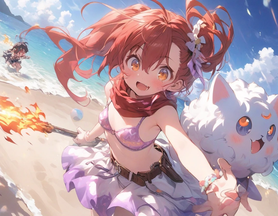 purple color scheme,sky-themed clothes made out of bikini and sky motifs. Her outfit is fluffy and soft.cute bikini,pareo,beach, red hair,, two tone hair, shiny hair, jewelry, ,, fire, dynamic angle, best quality,,,、,10 years old, ,(blooch:1.25), red scarf, ,rider belt,,red,ribbon, red hair,orange eyes,, gloves,,bodysuit,, ahoge, antenna hair, short hair,(small breasts:1.3),,(side ponytail:1.5),