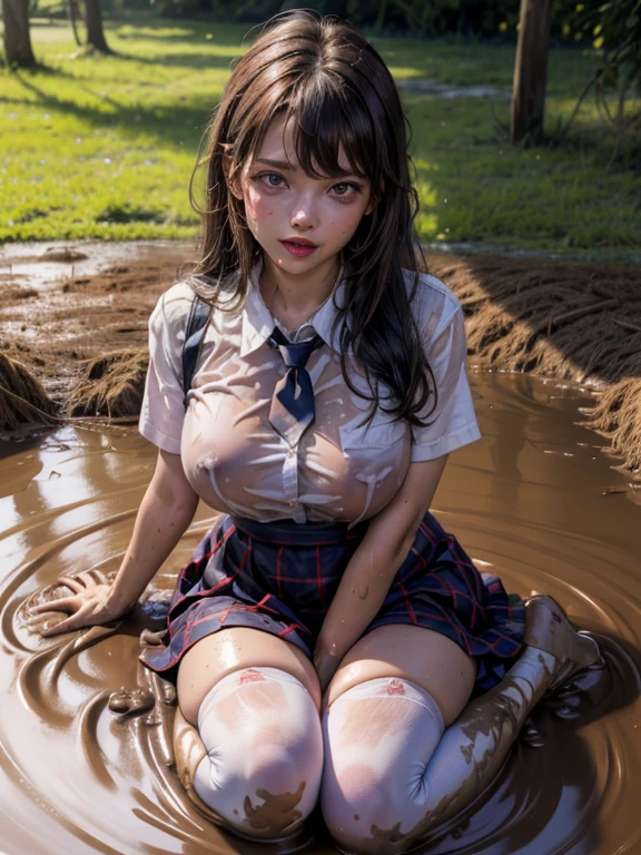 school girl was sprayed with water , school girl Was sprayed with water , (Masterpiece, best quality:1.2),  , look at viewer , school girl wet white clothes, Soaking wet, dripping wet, Wet hair, Wet skin, translucent, Glittering with oil, fully dressed, Wet muddy field, dripping with mud, Arms full of mud, mud hair, lying in the mud, submerged, Covered all over, A face full of mud , dark red skirt , plaid skirt , pleated skirt , The shirt is tight. , white shirt , school girl  , red knot , red bow , school , The skirt is next to the chest. , big breasts , big tits , (masterpiece, best quality:1.2), solo, 1girl, honoka , skull hair ornament , purple jacket, necktie, single glove, black gloves, plaid skirt, white thighhighs  