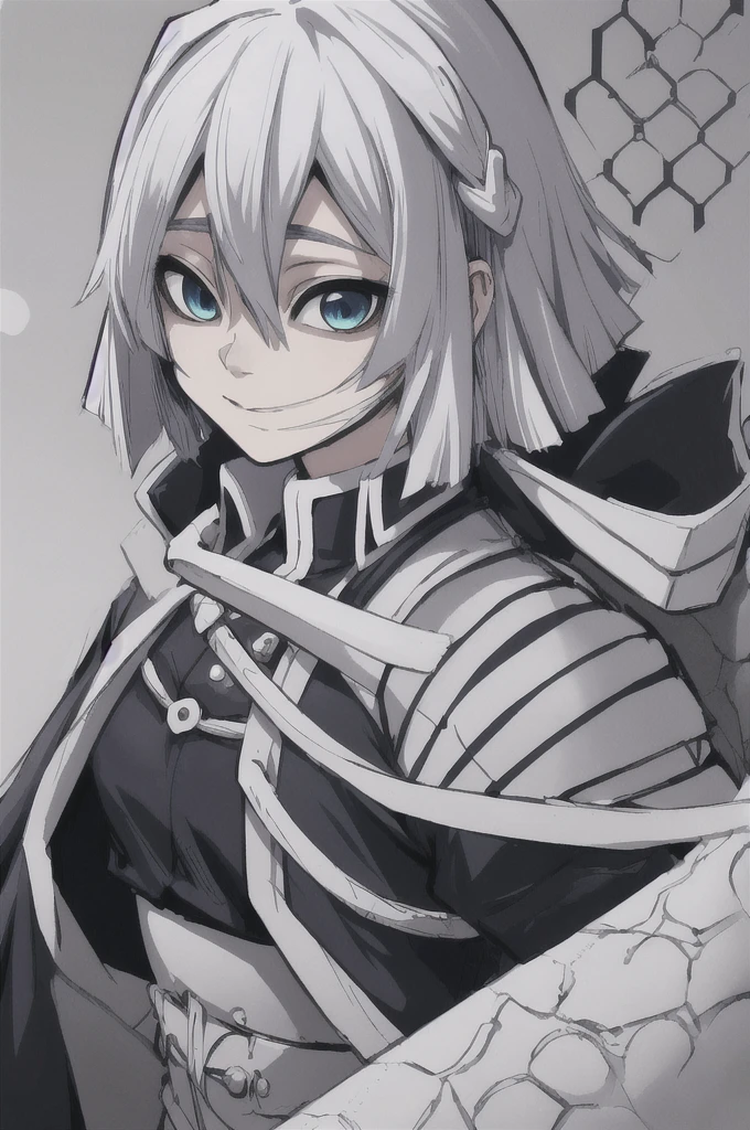 girl with short white hair, blue eyes, demon slayer uniform, black haori, highly detailed high contrast hd masterpiece of best quality in high resolution (without the mask of the mouth) ((more feminine))