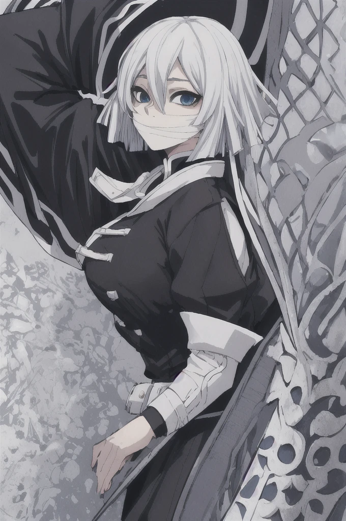 girl with short white hair, blue eyes, demon slayer uniform, black haori, highly detailed high contrast hd masterpiece of best quality in high resolution (without the mask of the mouth) ((more feminine))