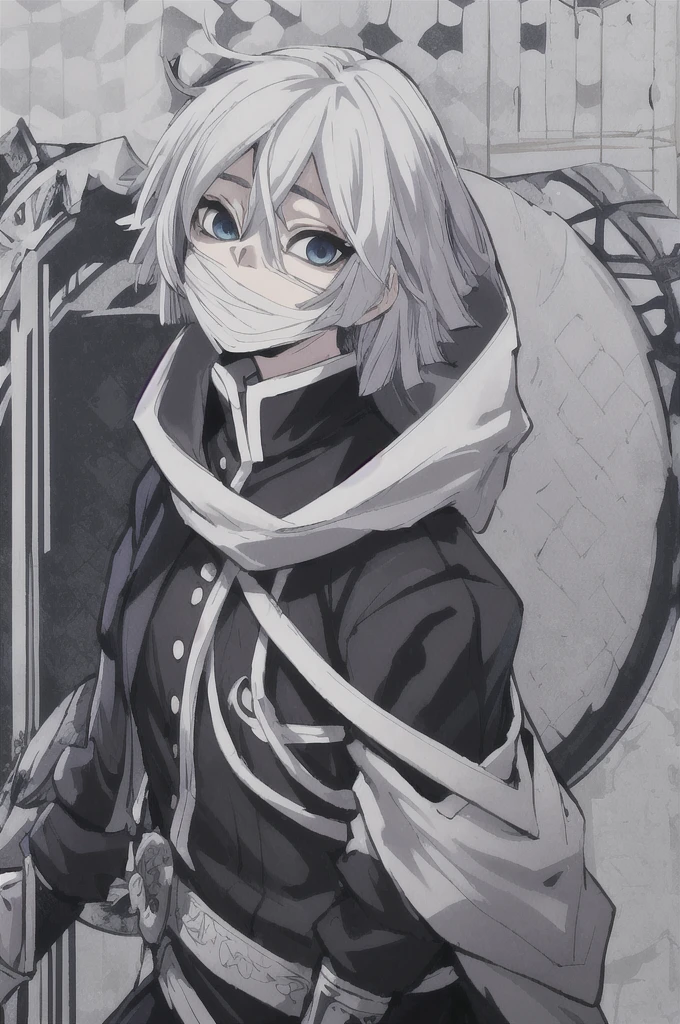 girl with short white hair, blue eyes, demon slayer uniform, black haori, highly detailed high contrast hd masterpiece of best quality in high resolution (without the mask of the mouth) ((more feminine))