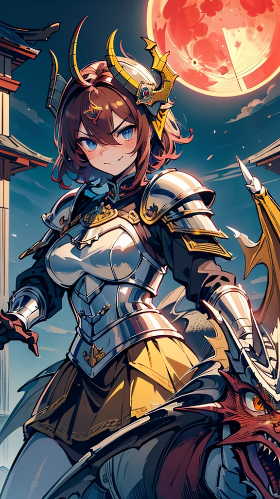 Best quality, Ultra detailed, best quality, insanely detailed, beautiful, masterpiece, 8k, 
break  
(full moon:1.2),  red moon, eye on moon, 
break 
1lady, solo, brown hair, (very short hair:1.2),(dragon head shaped helmet:1.5) ,blue helmet, armor, blue armor, ultra deltailed iris, blue  eyes, ultra detailed eyes, cool eyes, (riding yellow dragon:1.3), spear, 
Break
Upper body, from front, (evil smile:1.5), evil grin, (sharp eye:1.2),(scowl:1.1), (stare at viewer:1.5),  (embarrassed,blush:1.3), ,nsfw,(ecstasy:1.3) ,(slut:1.2),(vulgarity:1.3),(fucked silly:1.1),(steam:1.1),(wet:0.8),(drooling:0.6),(sweat:0.8), 