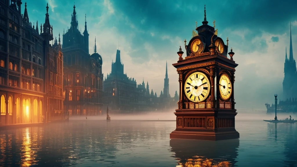 a floating antique clock in a magical mist, a cityscape transforming into a dreamlike vision, photorealistic, 8k, intricate details, cinematic lighting, vibrant colors, fantasy, surreal, ethereal, mystical, futuristic architecture, glowing particles, lens flare, dramatic shadows, dramatic sky, dramatic lighting