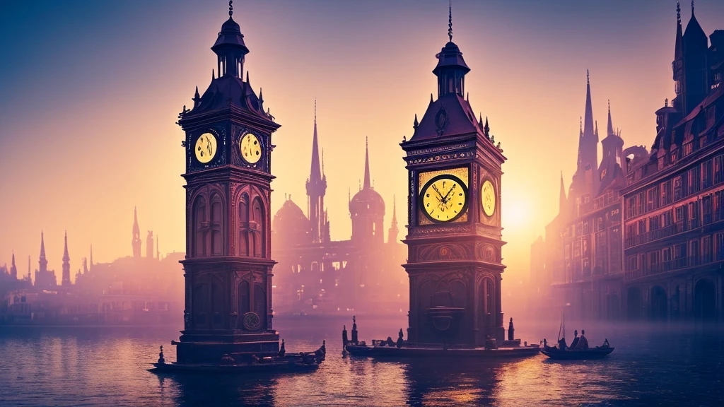 a floating antique clock in a magical mist, a cityscape transforming into a dreamlike vision, photorealistic, 8k, intricate details, cinematic lighting, vibrant colors, fantasy, surreal, ethereal, mystical, futuristic architecture, glowing particles, lens flare, dramatic shadows, dramatic sky, dramatic lighting