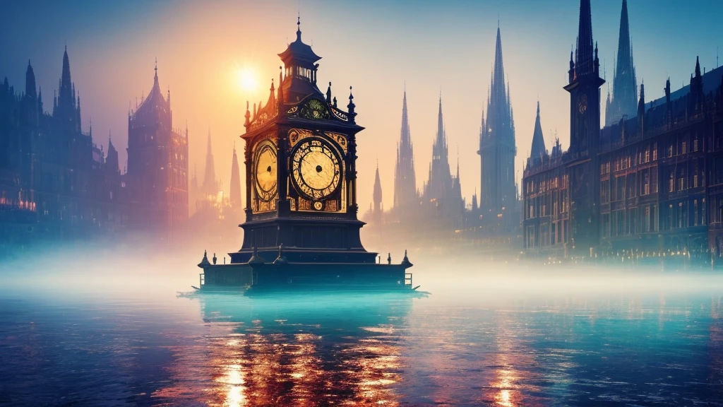 a floating antique clock in a magical mist, a cityscape transforming into a dreamlike vision, photorealistic, 8k, intricate details, cinematic lighting, vibrant colors, fantasy, surreal, ethereal, mystical, futuristic architecture, glowing particles, lens flare, dramatic shadows, dramatic sky, dramatic lighting