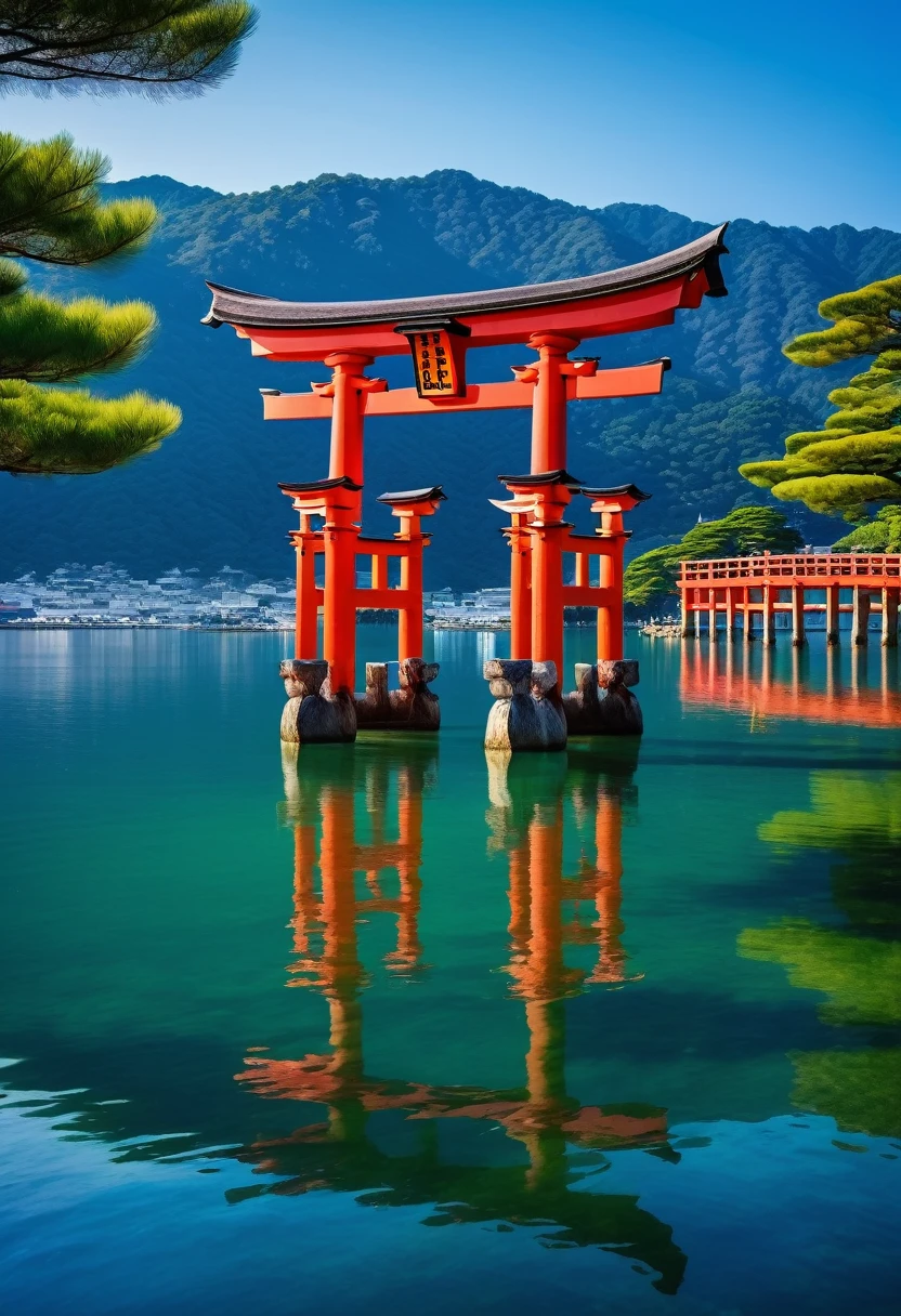 "A picturesque view of the Itsukushima Shrine's floating torii gate in Miyajima, Japan. The majestic red gate stands in the serene blue waters, with the reflection shimmering below. The background features lush green mountains and a clear blue sky, creating a peaceful and awe-inspiring scene."
