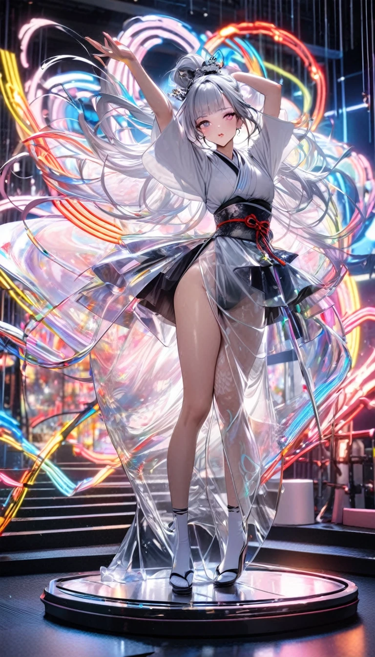 (best quality:1.2),1girl,solo,standing_split,full body, A photo of a Japanese woman in her twentieade of shiny white and silver translucent glass and plastic, Geisha makeup and hairstyle, Silver metal interior, dynamic poses, flowing organic structure, Glowing golden circuit, colorful neon decoration, light emitting circuit, neon decoration, Depth of field focus f/2.8, H&#39;s Art.right. jiger, Greg rightutowski