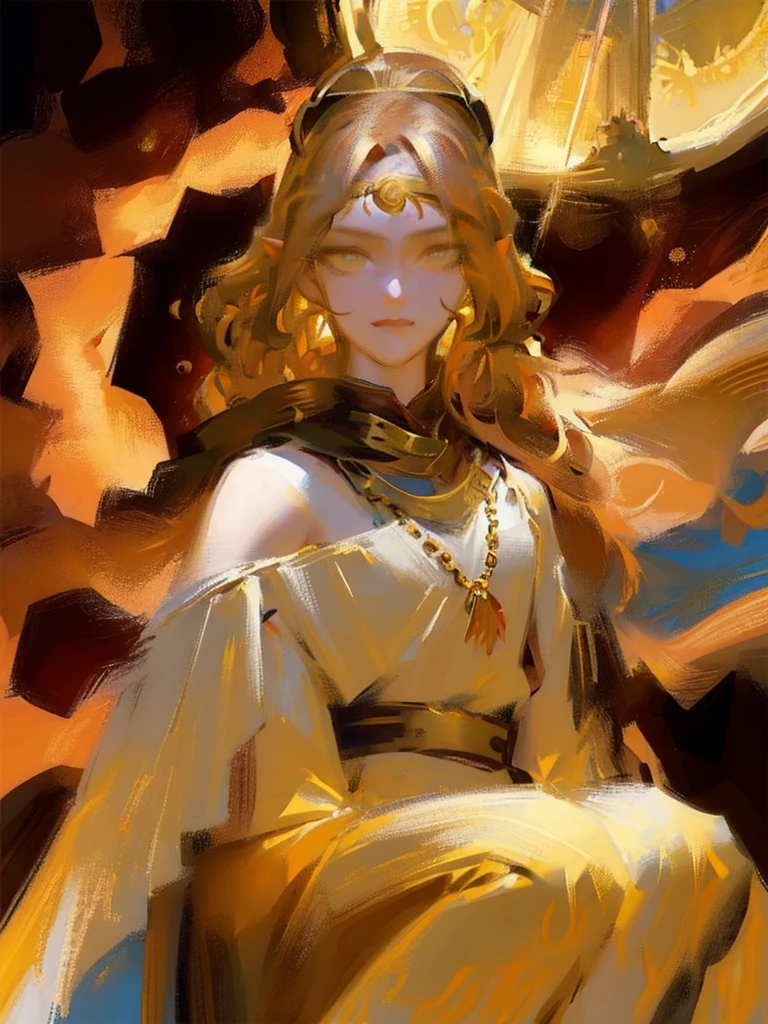 an incredibly beautiful 14-year-old sultan woman with copper-red hair, (((aquiline face))) and (((yellow eyes))), a ((tanned skin)) and with a short and thin body, with many freckles on her face, she dresses in a rich long silk spacey pants and a linen vest and uses a golden crown in a format of eight suns and six pendants of suns falling on the face, and she is lying in a golden throne