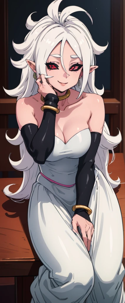 work of art, she is standing, she is showing her side to the camera, sideways to camera, best qualityer, ma21, Black Sclera, Pink skin, top of the tube, bracelet, harem pants, Tailpussy, sitting down, restaurant, body sideways to the viewer, ssmile, furled brow 