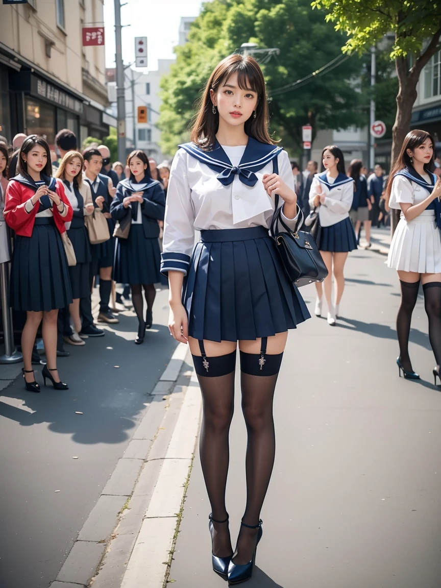 (masterpiece, Highest quality:1.2), One Girl, alone, whole body, Big Breasts,, Brown Hair,Big Breasts, Brown eyes, Mature Woman, blush, , she is standing on the street,whole body, Brown Hair, lipstick, ランダムなカラーのSailor suit、((High quality fabric, Sailor suit, Navy Pleated Skirt)), ((Short length)), zettai ryouiki, Exposing your thighs, White skin, (Black garter stockings), ((Wear black high heels)),, (Show me your skirt flipping up:1.2), (I like showing my crotch to the audience......, ), pubic hair,