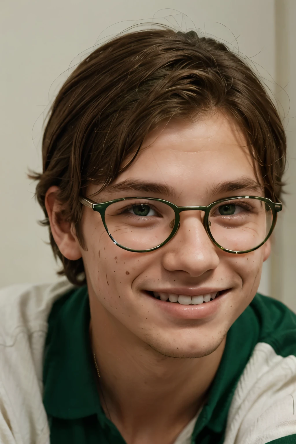 Boy with brown and wavy hair with green eyes, freckles on her cheeks, glasses and smiling