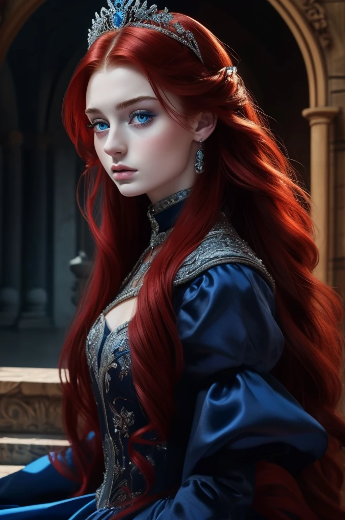 Sophie Turner, ultra detailed face, ultra detailed blue eyes, long red hair, (dress, long skirt), tiara, winter, (((masterpiece)))