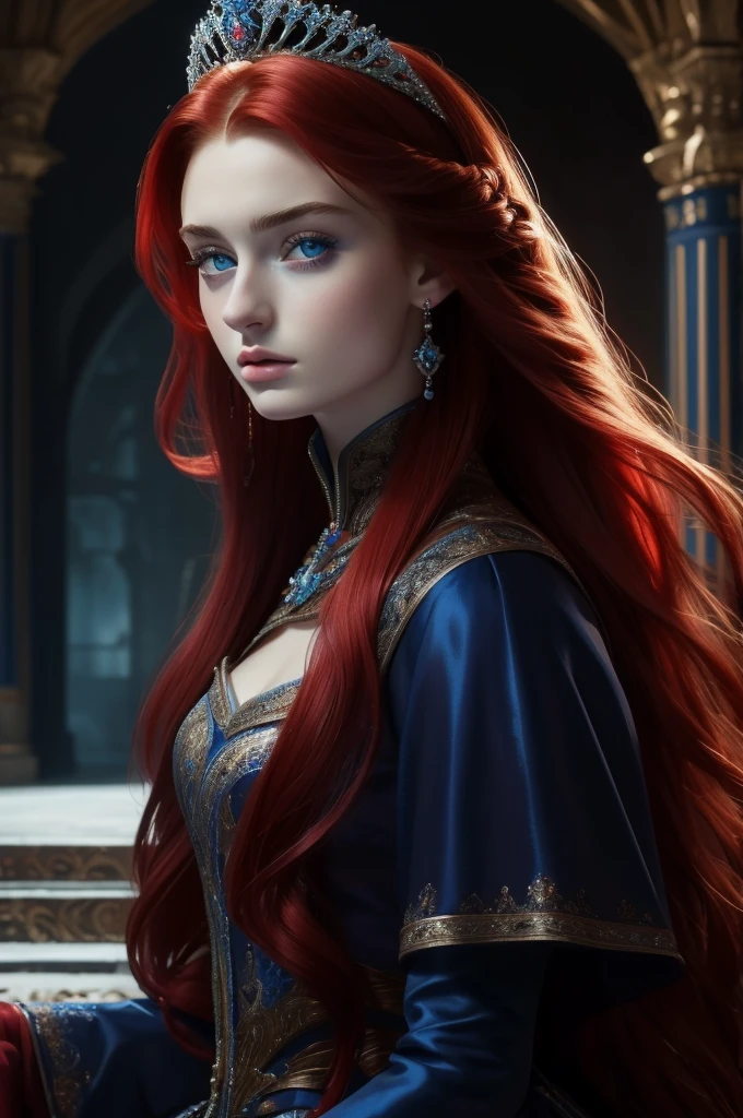  Sophie Turner, ultra detailed face, ultra detailed blue eyes, long red hair, (dress, long skirt), tiara, winter, (((masterpiece)))