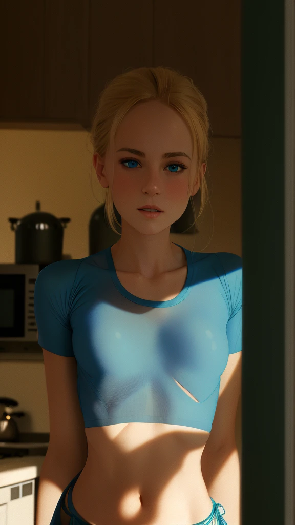 beautiful arafed woman in a blue see through shirt posing in a kitchen, tight shirt, vestindo tight shirt, blue tight tshirt, sexy girl, beautiful upper body, flat-chested, Anna Nikonova aka Newmilky, upper-body shot, yelena belova, blonde girl, buxom chested, Pretty Blonde, blonde goddess, low cut top, very pretty model