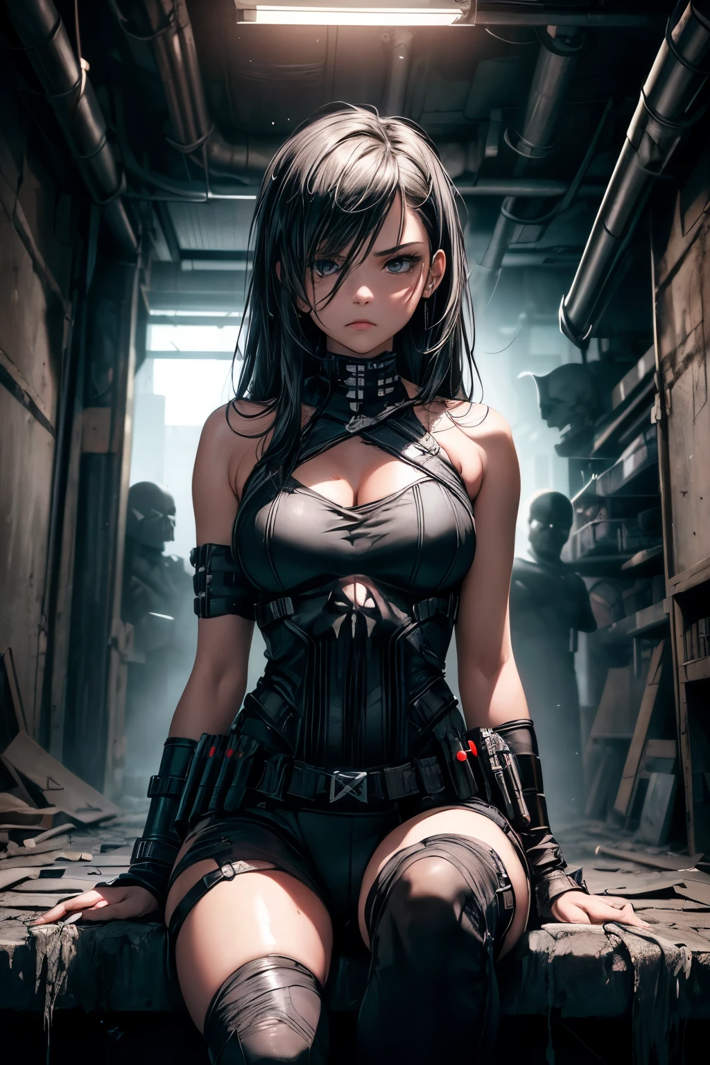 Award-winning "Punisher's Daughter" artwork, immersed in a slate gray atmosphere, a 25-year-old fusion of the Punisher's intensity and femininity, seated with a thoughtful expression, showcasing a striking, prominent derrière, embodying the embodiment of strength and beauty.
(High resolution, 8K, RAW photo, masterpiece: 1.2), High-definition RAW color photo, Professional photo shoot, cinematic light, alone, ((punisher's daughter, intense focus)), (strong jawline), (detailed facial features: 1.2), collarbone, ((expressive eyes:1.