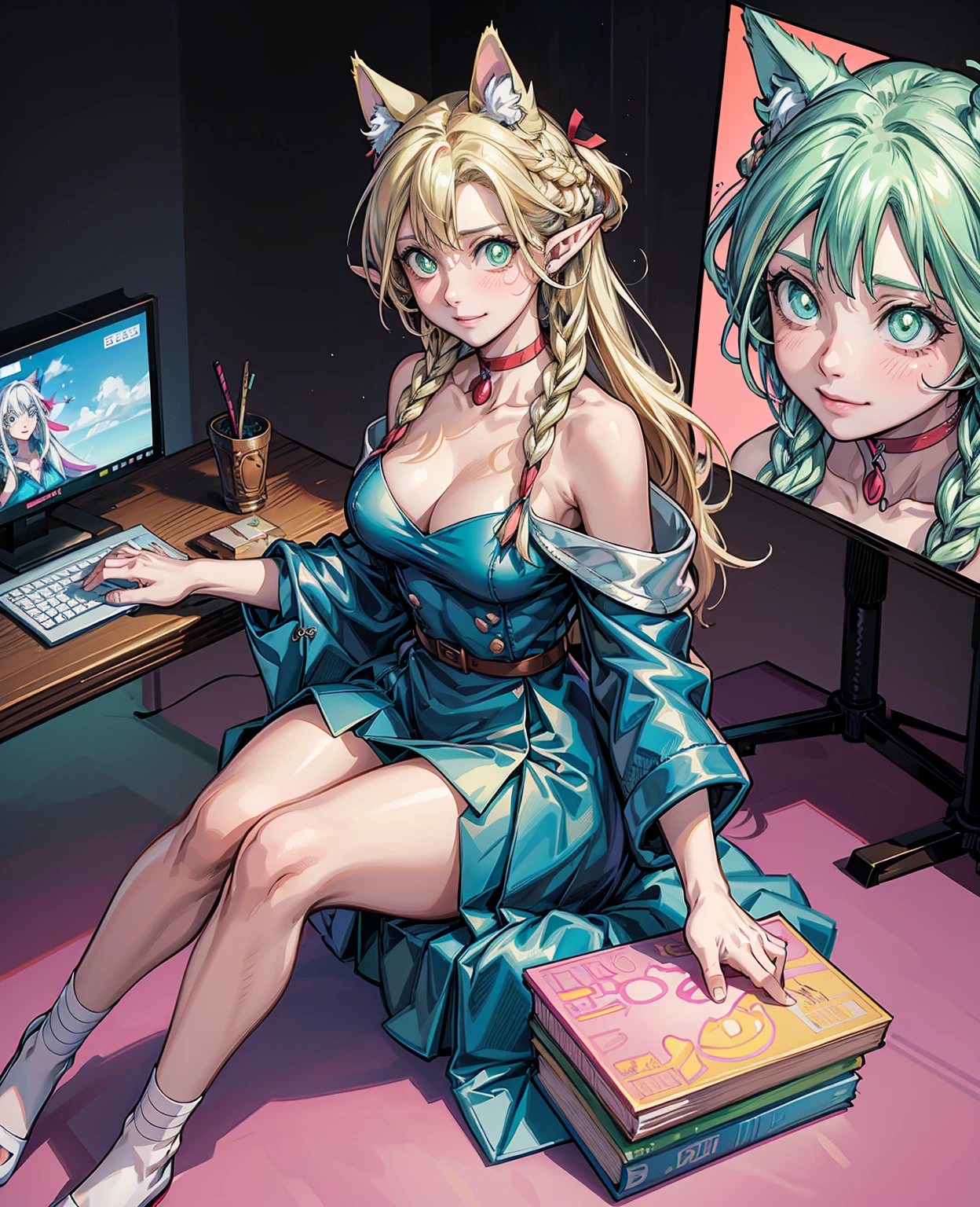 Colorful hair and colorful dress in anime ((cat-eared 1girl)), pastel vivid, rossdraws cartoon vivid, anime style 4k, beautiful anime portrait, artgerm colorful!!!、! dream art germ, beautiful anime, cat ear 1girl, anime style digital art, anime art wallpaper 4k, anime art wallpaper 4k, digital anime art, highly detailed art germ, , full body, sitting in her office, white hair, front view, smirking,