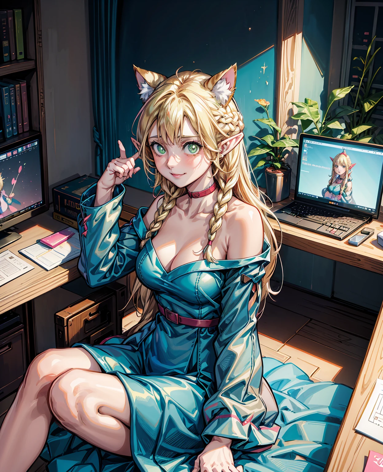 Colorful hair and colorful dress in anime ((cat-eared 1girl)),   pastel vivid, rossdraws cartoon vivid, anime style 4k, beautiful anime portrait, artgerm colorful!!!、! dream art germ, beautiful anime, cat ear 1girl, anime style digital art, anime art wallpaper 4k, anime art wallpaper 4k, digital anime art, highly detailed art germ, ,  full body, sitting in her office, white hair, front view, smirking,