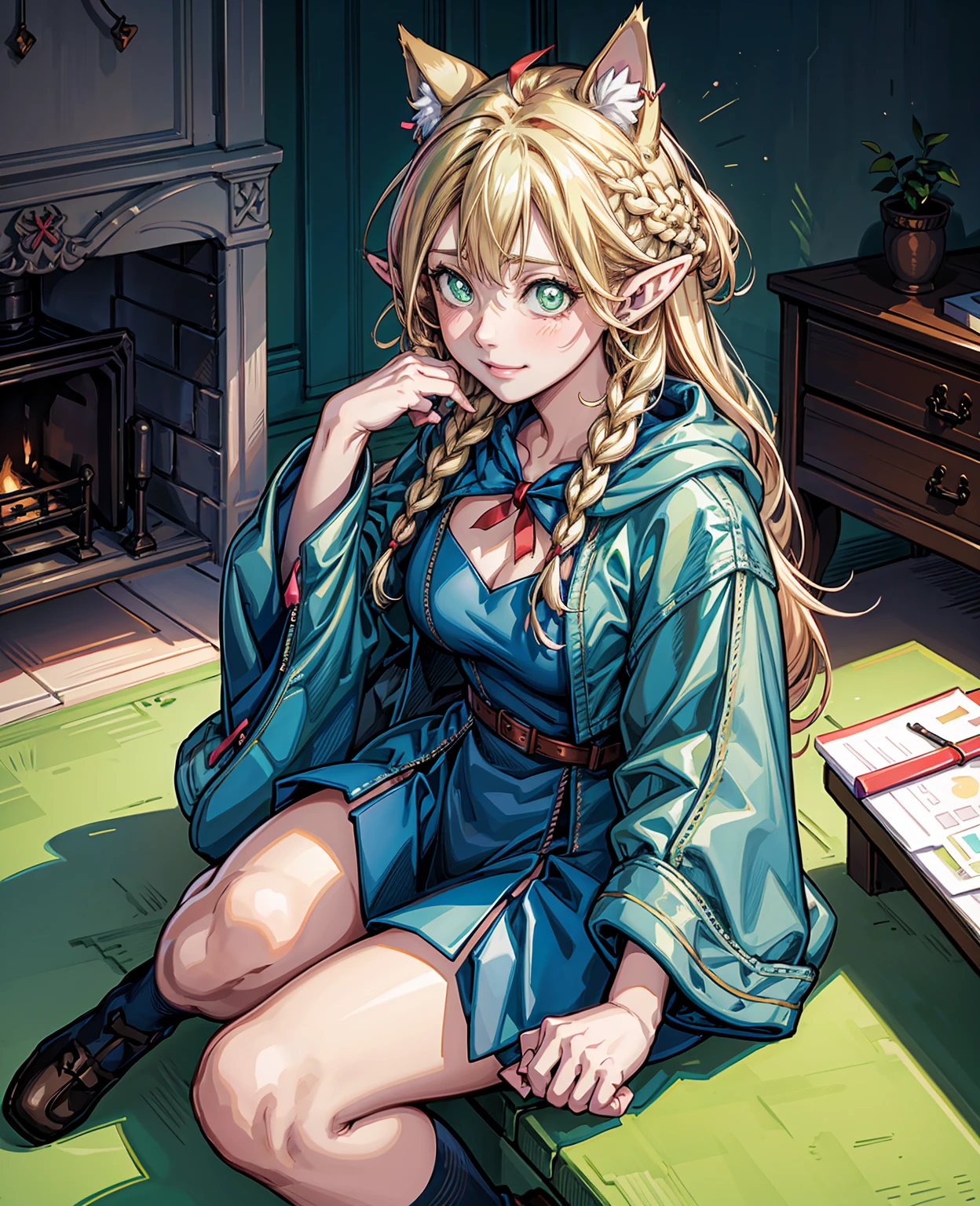 Colorful hair and colorful dress in anime ((cat-eared 1girl)), pastel vivid, rossdraws cartoon vivid, anime style 4k, beautiful anime portrait, artgerm colorful!!!、! dream art germ, beautiful anime, cat ear 1girl, anime style digital art, anime art wallpaper 4k, anime art wallpaper 4k, digital anime art, highly detailed art germ, , full body, sitting in her office, white hair, front view, smirking,