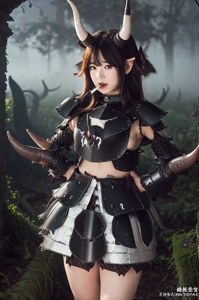 Highest quality、Masterpiece、(((Thick fog of darkness、Black forest、ruins、torii)))、One Japanese demon beauty、Cover your chest with your hands(((((Small two-horn armor)))))、Black micro bikini lingerie、Cute lower body、Sexy angle