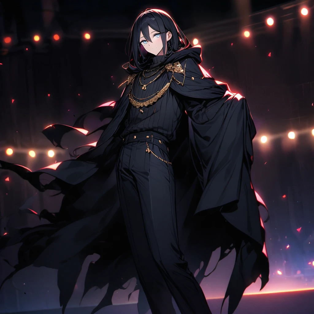 (Well done:1) long, straight black hair, white eyes, necklace, black cape that covers a large part of the body with a hood, black pants, black shoes. on the stage of a theater