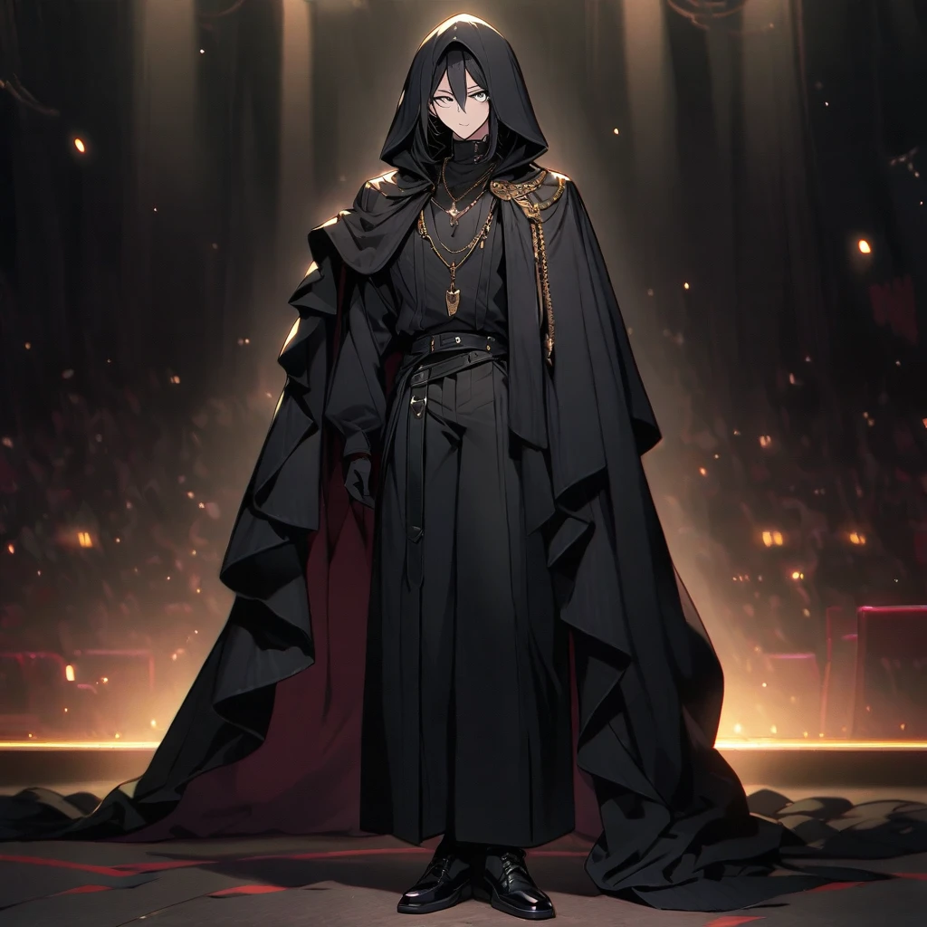 (Well done:1) long, straight black hair, white eyes, necklace, black cape that covers a large part of the body with a hood, black pants, black shoes. on the stage of a theater