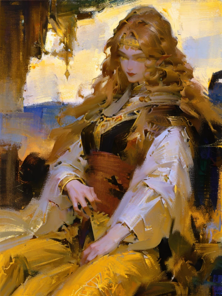 an incredibly beautiful 14-year-old sultan woman with copper-red hair, (((aquiline face))) and (((yellow eyes))), a ((tanned skin)) and with a short and thin body, with many freckles on her face, she dresses in a rich long silk spacey pants and a linen vest and uses a golden crown in a format of eight suns and six pendants of suns falling on the face, and she is lying in a golden throne