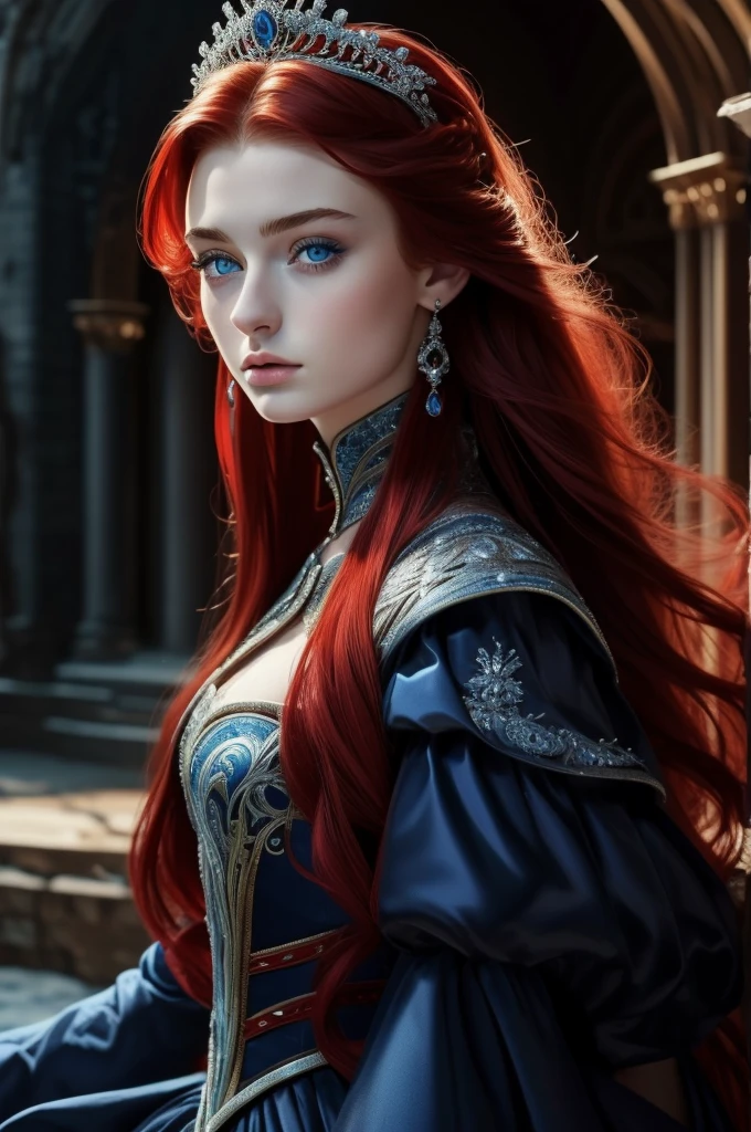 Sophie Turner, ultra detailed face, ultra detailed blue eyes, long red hair, (dress, long skirt), tiara, winter, (((masterpiece)))