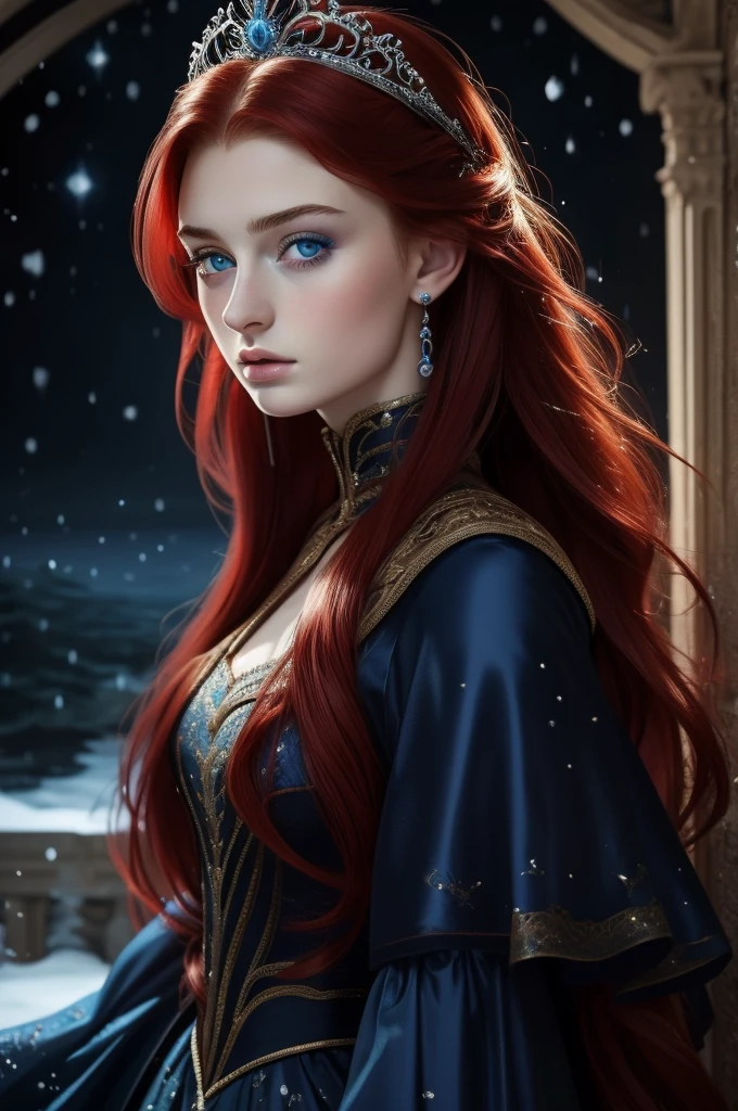 16 year old Sophie Turner, ultra detailed face, ultra detailed blue eyes, long red hair, (dress, long skirt), tiara, winter, (((masterpiece)))