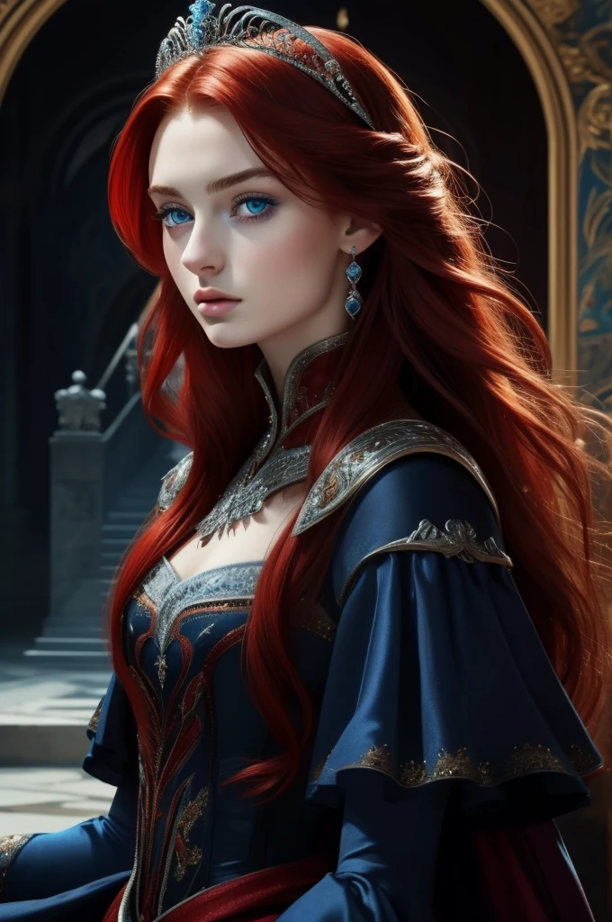 16 year old Sophie Turner, ultra detailed face, ultra detailed blue eyes, long red hair, (dress, long skirt), tiara, winter, (((masterpiece)))
