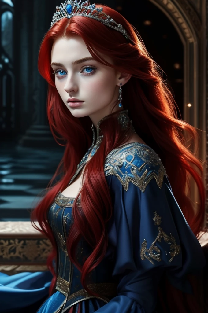 16 year old Sophie Turner, ultra detailed face, ultra detailed blue eyes, long red hair, (dress, long skirt), tiara, winter, (((masterpiece)))