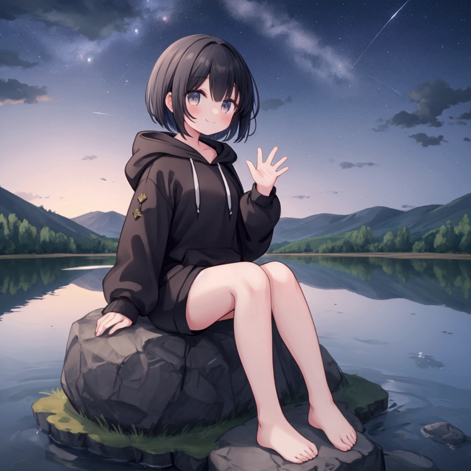 (Dimly lit midnight sky in the countryside), Vast landscape photo, (the sky is above and the open field is below), white hoodie, black short pants, (a lady sitting on the rock near a calm lake), gentle smile, Waving one hand, black short bob hair, Masterpiece, Best Quality, 4k, Dynamic Composition Very Detailed, portrait, full body far from side, Moe Art style