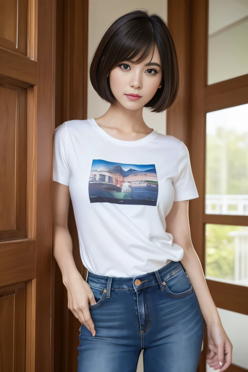 (masterpiece:1.4), (Highest quality:1.4), 4K, 8K, 超High resolution, 超High resolutionolution, Super detailed, ((Features of Detailed face)), High resolution, (Realistic, photoRealistic, photo-Realistic:1.37),、Full body photo、Pictured from head to toe、One Japanese woman、28-year-old newlywed housewife、Standing in front of the front door、One-length short bob cut、T-shirt and jeans、High heels、Detailed eyes、Symmetrical eyes、Detailed face、
