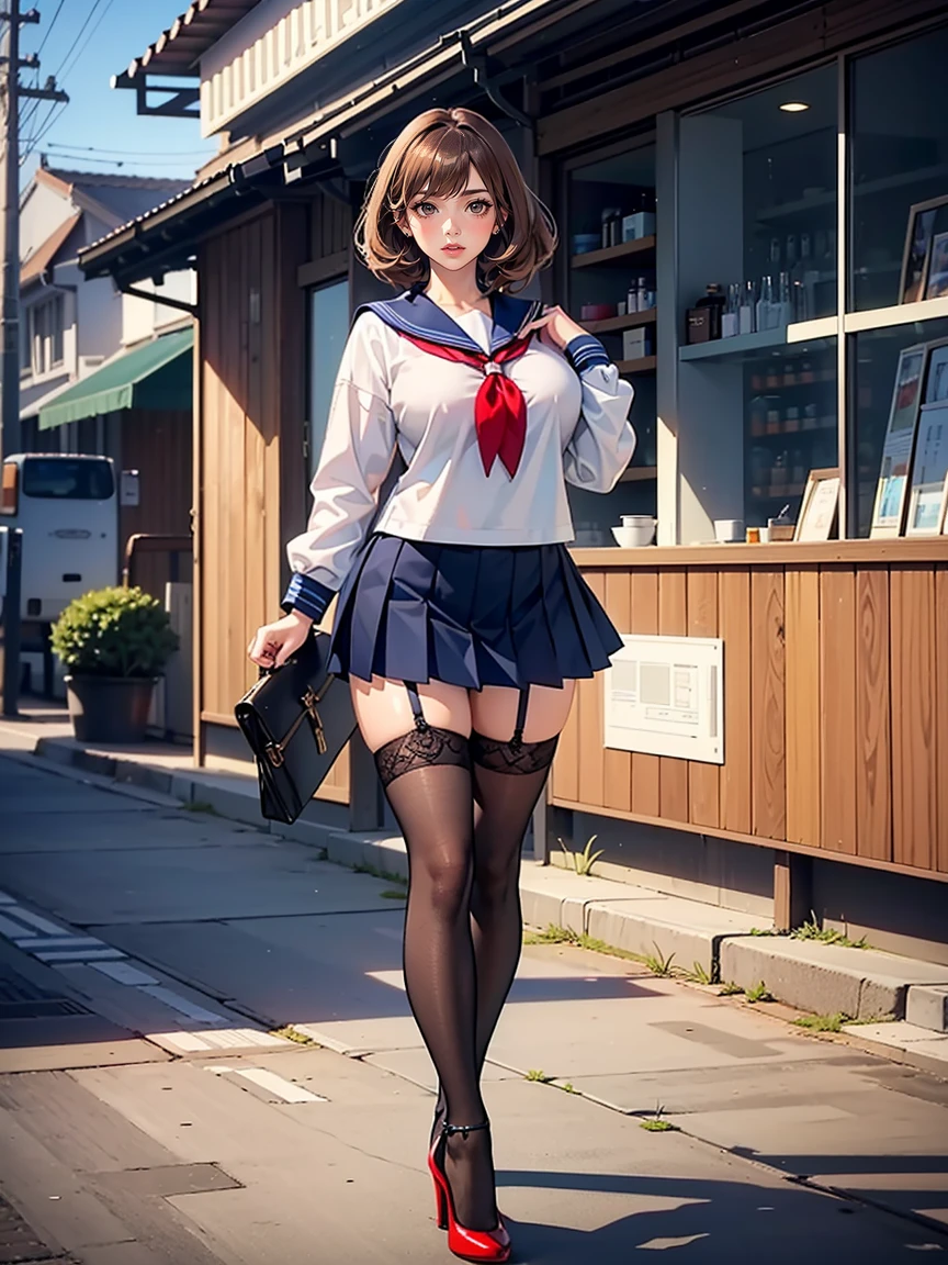 (masterpiece, Highest quality:1.2), One Girl, alone, whole body, Big Breasts,, Brown Hair,Big Breasts, Brown eyes, Mature Woman, blush, , she is standing on the street,whole body, Brown Hair, lipstick, ランダムなカラーのSailor suit、((High quality fabric, Sailor suit, Navy Pleated Skirt)), ((Short length)), zettai ryouiki, Exposing your thighs, White skin, (Black garter stockings), ((Wear black high heels)),, (Show me your skirt flipping up:1.2), (I like showing my crotch to the audience......, ), pubic hair,