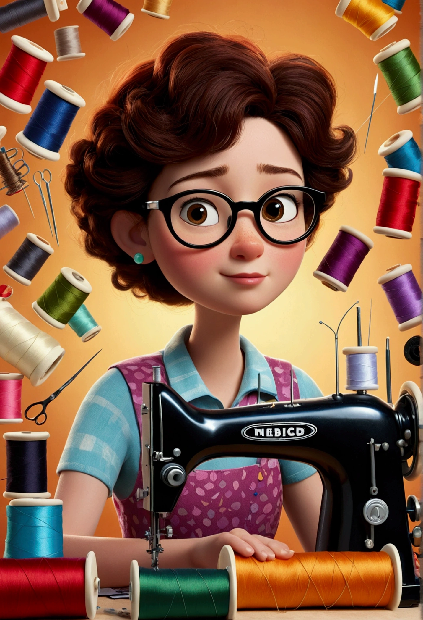 A collector of ideas inspired by Pixar animation, up close. She is surrounded by sewing objects, needles and sewing machine, each containing a unique idea. The focus is on the character, with a captivating facial expression, Against a sparkling backdrop, effervescent colors.