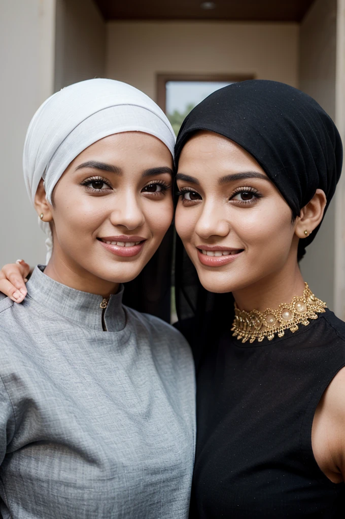3d Muslim newlywed couple buzz cut black hair, Hijab, smile