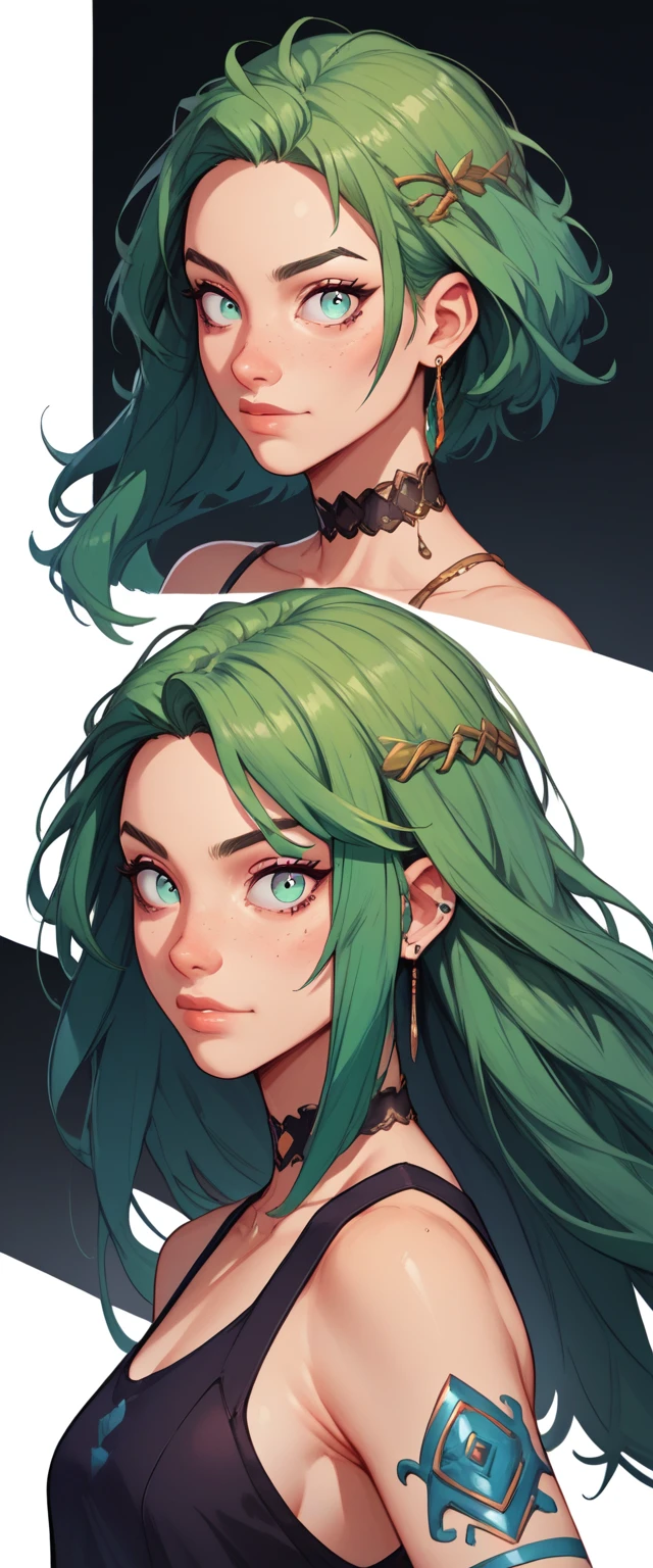 check_9, check_8_up, check_7_up, young woman, green hair, средневековая young woman, Looking at the viewer, simple black background, dynamic pose, sexual, reference sheet, (whole body, From Side, Front:1.1), upper body, cartoon,
Character DesignXL