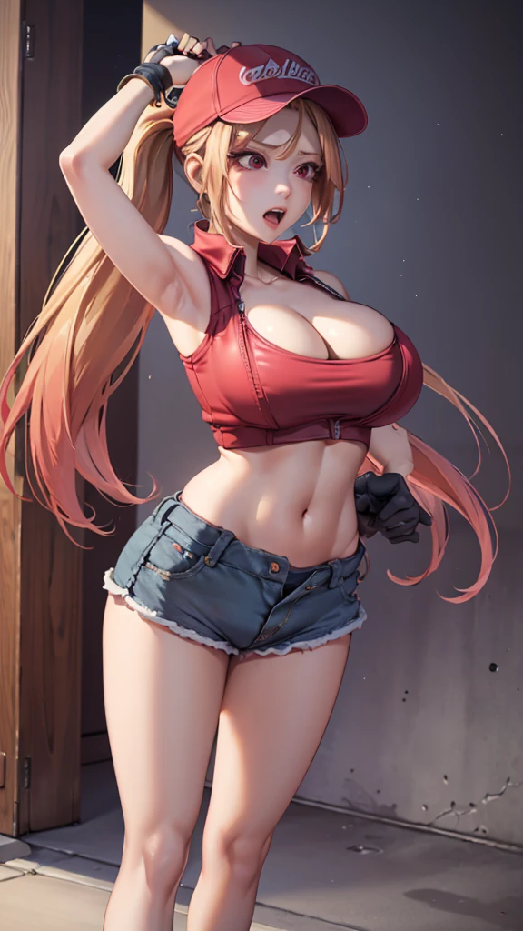 (masterpiece), best quality, expressive eyes, perfect face, highres, (8k), (perfect face), (ultra details), 1 girl, solo, terry bogard girl, (large breasts), blonde hair, multicolored hair, ponytail, (red eyes:1.2), long hair, baseball cap, fingerless gloves, denim shorts, earrings, piercing, jewelry, shoes, blushing, frightened, anguished, open-mouthed, room background, no posing, standing, portrait, looking herself