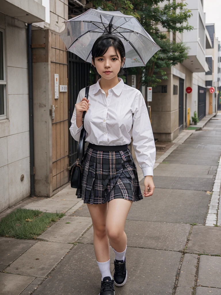 First place girl、School dress in white holding umbrella in hand、wearing a plaid skirt、Walk on the sidewalk、short black hair、cute face、Medium breasts