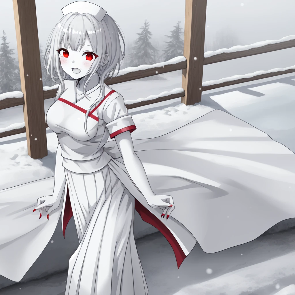 masterpiece、Highest quality，High resolution，snow-white skin、Pure white hair、Vampire Iino Miko、Red eyes、Pure white skin、Red nails、In uniform、skirt、Pure white hairの毛、Standing in a nurse costume、Very Short Hair、Muscular、Has some fangs、Shiny eyes、Height 180 cm