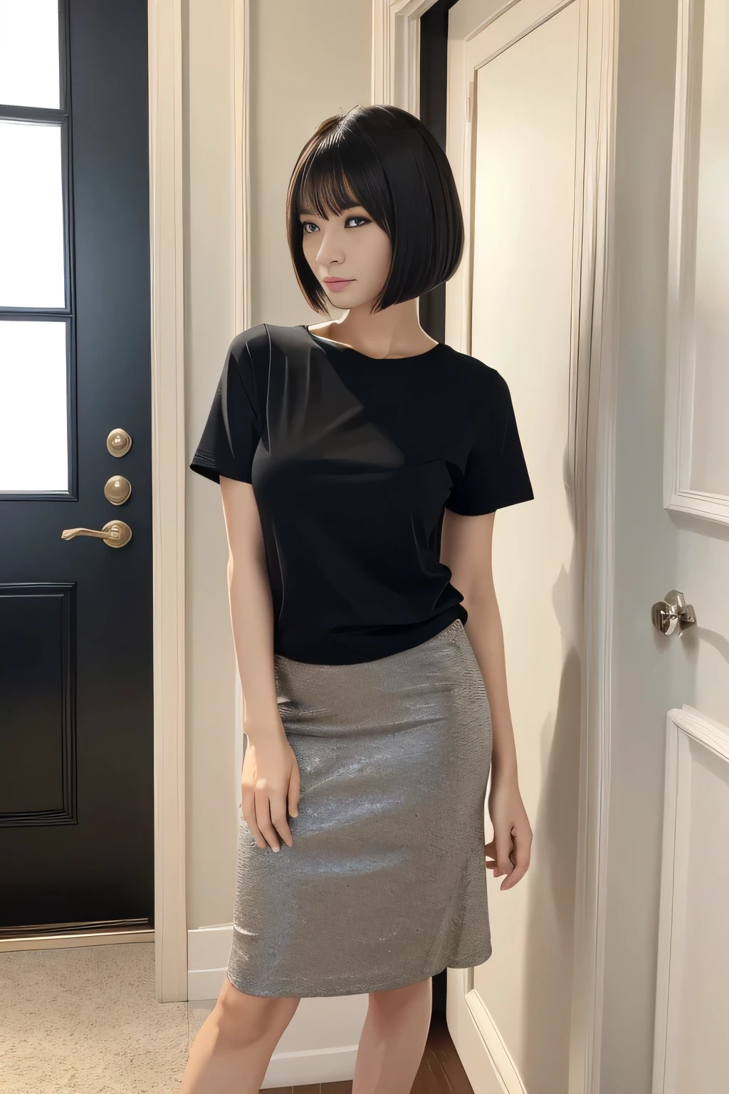 (masterpiece:1.4), (Highest quality:1.4), 4K, 8K, 超High resolution, 超High resolutionolution, Super detailed, ((Features of Detailed face)), High resolution, (Realistic, photoRealistic, photo-Realistic:1.37),、Full body photo、Pictured from head to toe、One Japanese woman、28-year-old newlywed housewife、Standing in front of the front door、One-length short bob cut、Black T-shirt and long skirt、High heels、Detailed eyes、Symmetrical eyes、Detailed face、